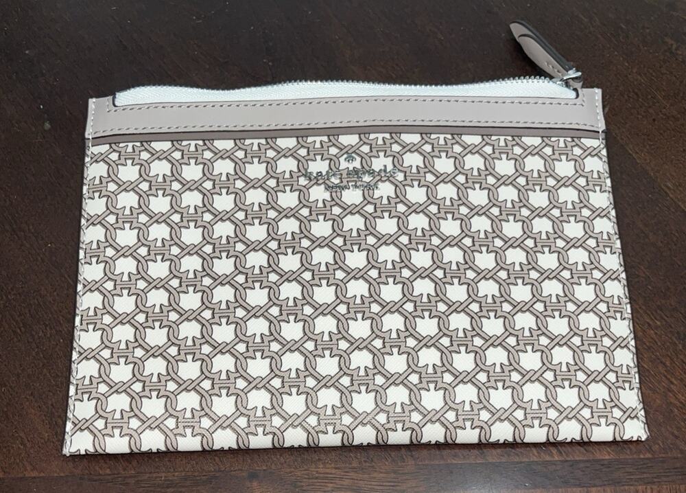 Kate Spade Spade Link Design Medium Zip Pouch WLR00407 White And Taupe